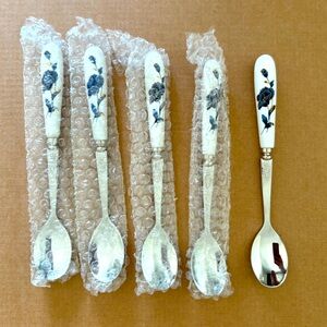 Set Of 5 Stainless 18-10 Tea Spoon w/ White Handle Blue Flowers Ready Serve